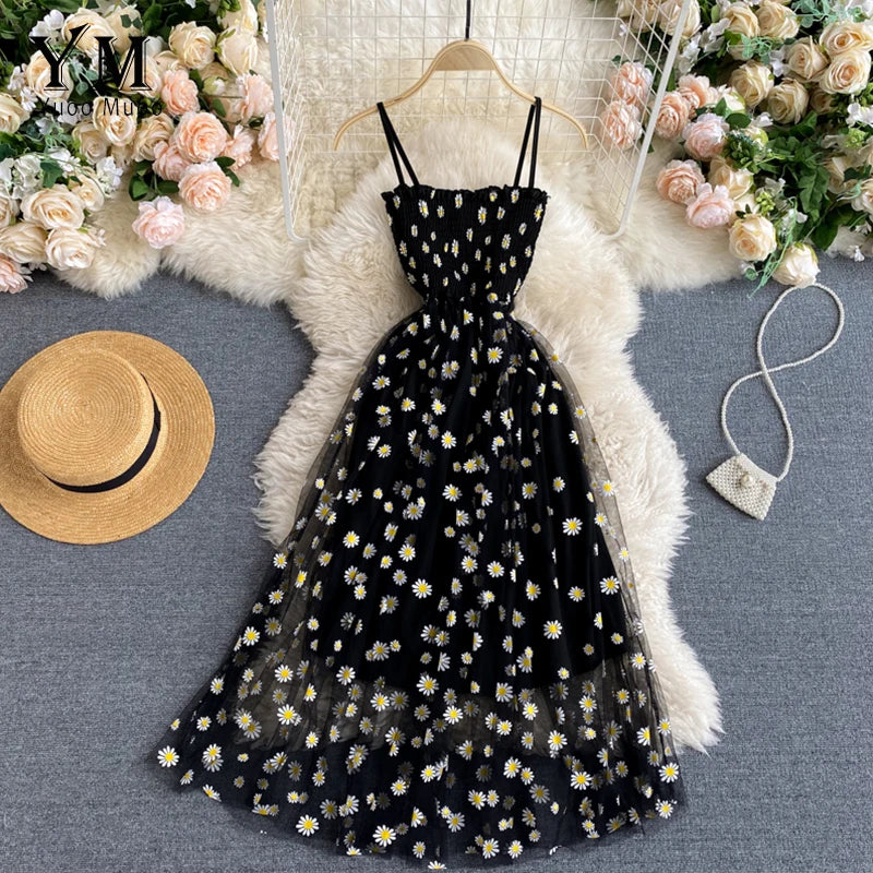 Daisy Flower Print Mesh Party Dress