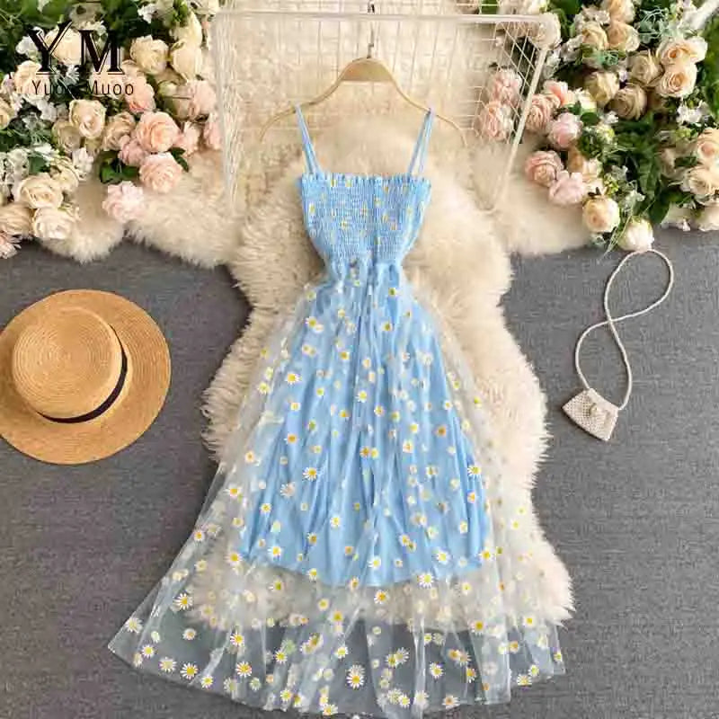 Daisy Flower Print Mesh Party Dress