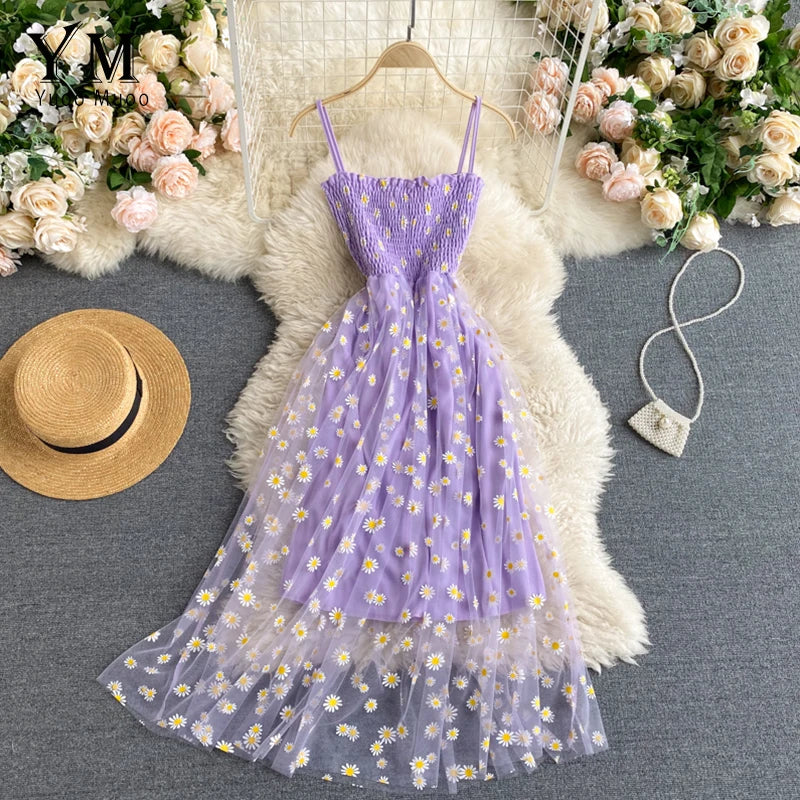 Daisy Flower Print Mesh Party Dress