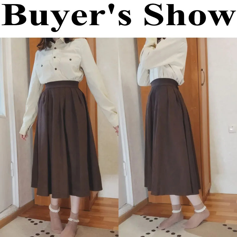 Vintage Brown High Waist Pleated Skirt