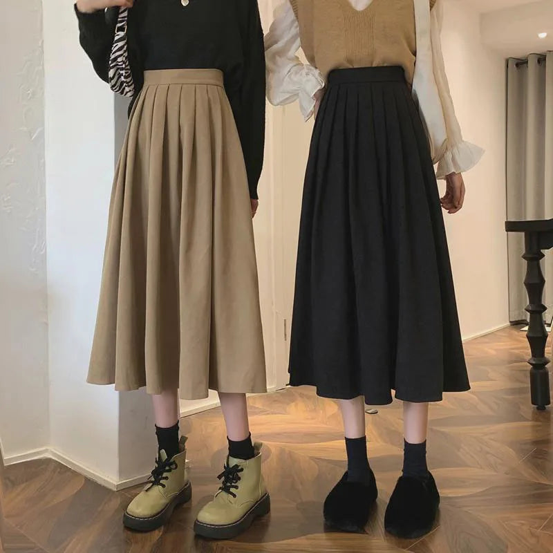 Vintage Brown High Waist Pleated Skirt