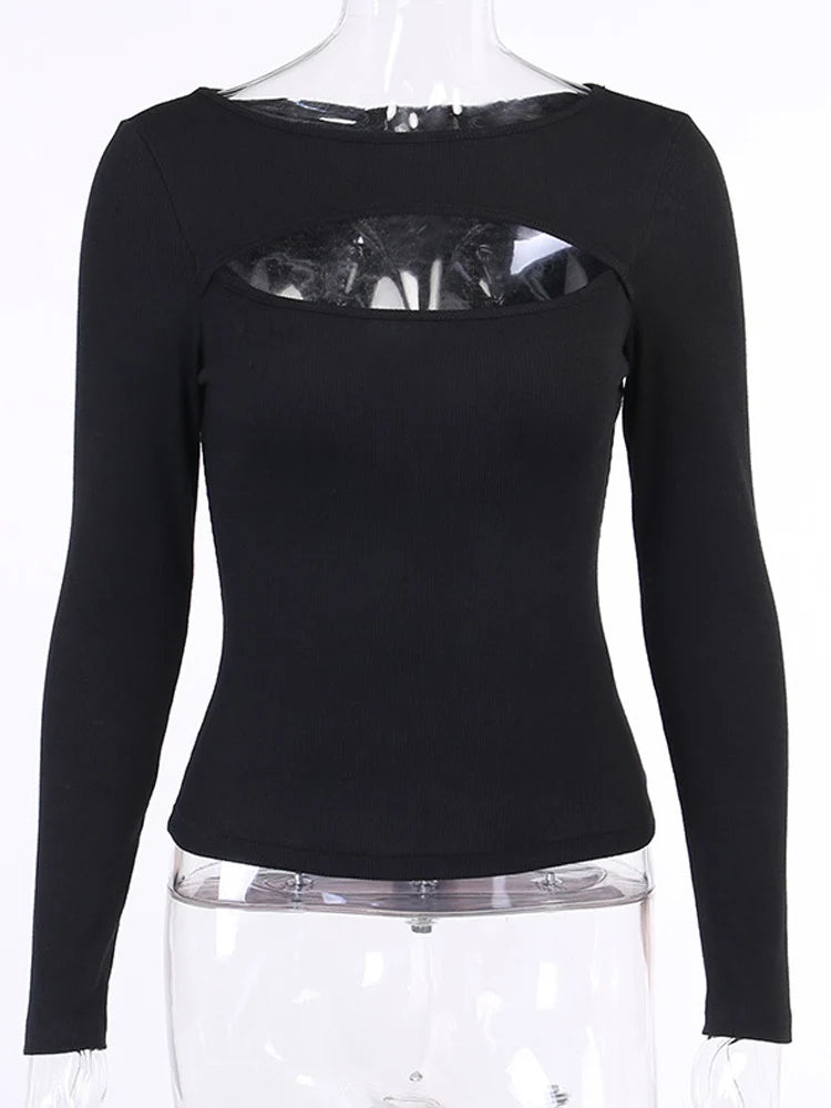 Hollow Out Solid Black White Long Sleeve