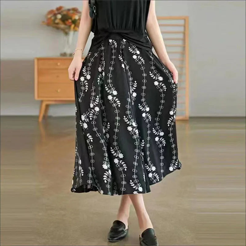 Elastic High Waist Mid-Calf Skirts